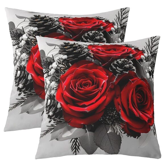 Other - 1280 Set of 2 Rose Floral Pillow Covers 18x18 Inch, Romantic Red Flowers